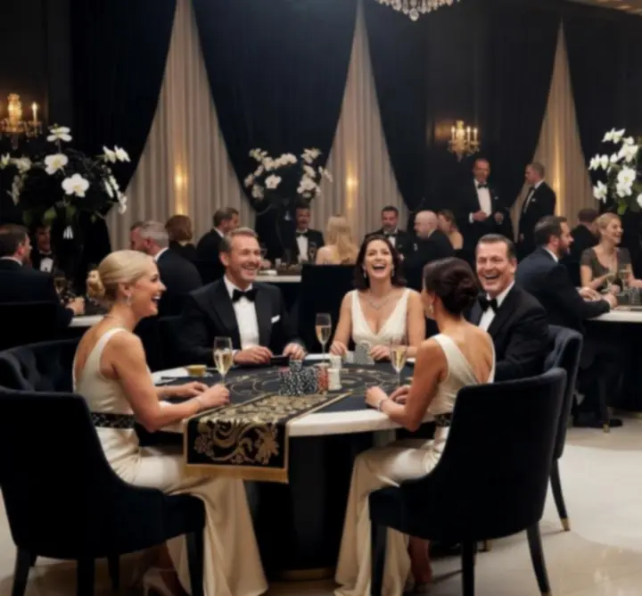 Guests enjoying casino-style gaming tables in a cinematic event space