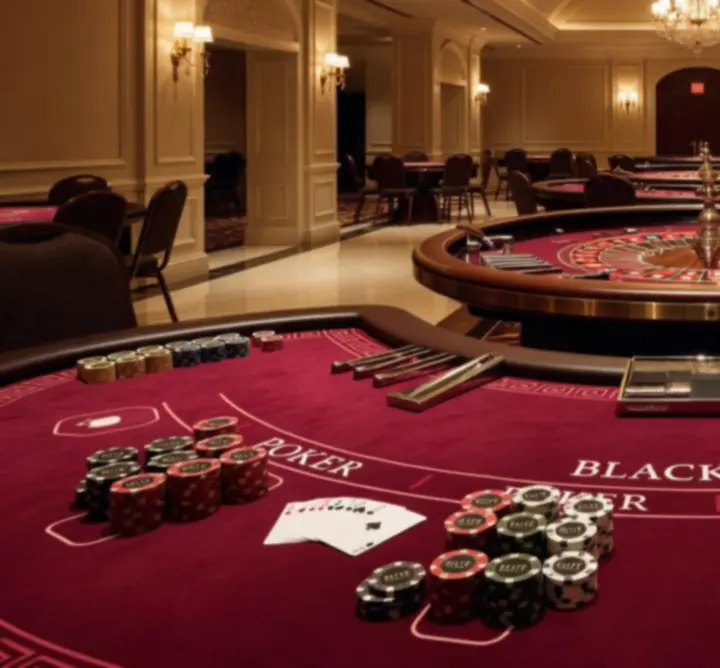 Professional casino-style gaming tables set for a party night