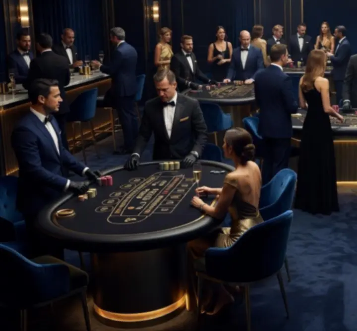 Elegant casino tables with professional dealers at a cinematic BEATA FIR casino night.