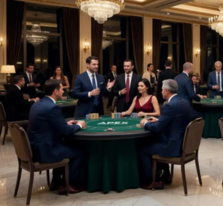 Corporate guests enjoying a sophisticated casino-style event with gaming tables