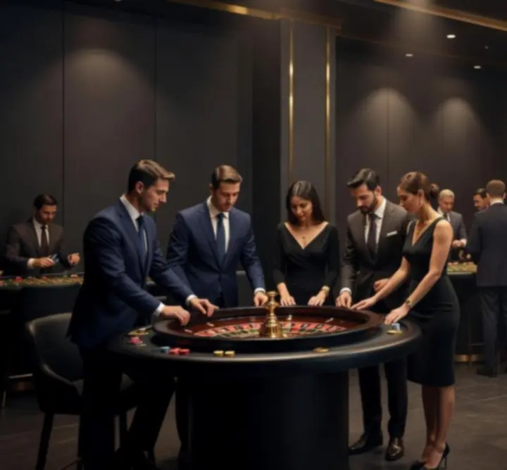Corporate guests enjoying a casino-themed night with professional tables and lighting