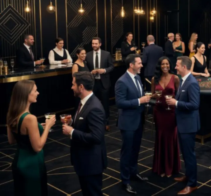 Corporate crowd enjoying a sophisticated BEATA FIR casino-style event.