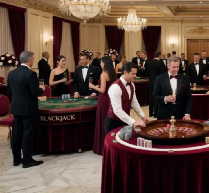 Corporate guests in formal attire enjoying a casino-style gaming area at a gala event.