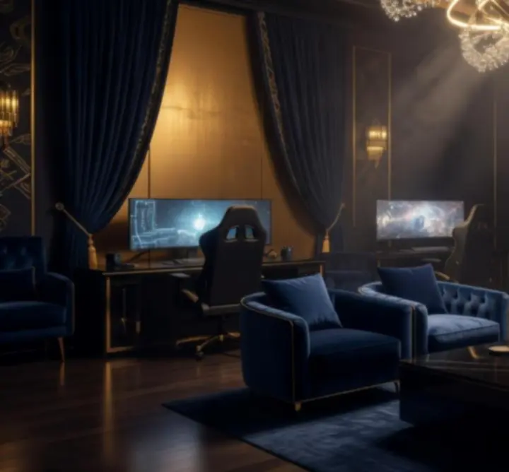 Luxury event ambience with atmospheric lighting over gaming tables