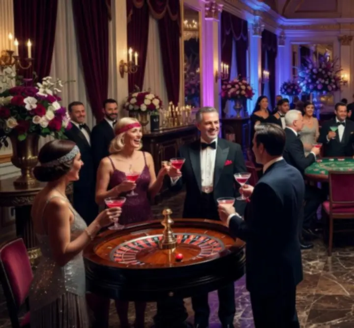 Casino-themed event with glowing tables, rich lighting, and guests enjoying the night