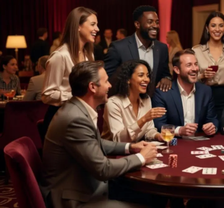 Group of guests enjoying interactive social entertainment at a BEATA FIR casino-style event.