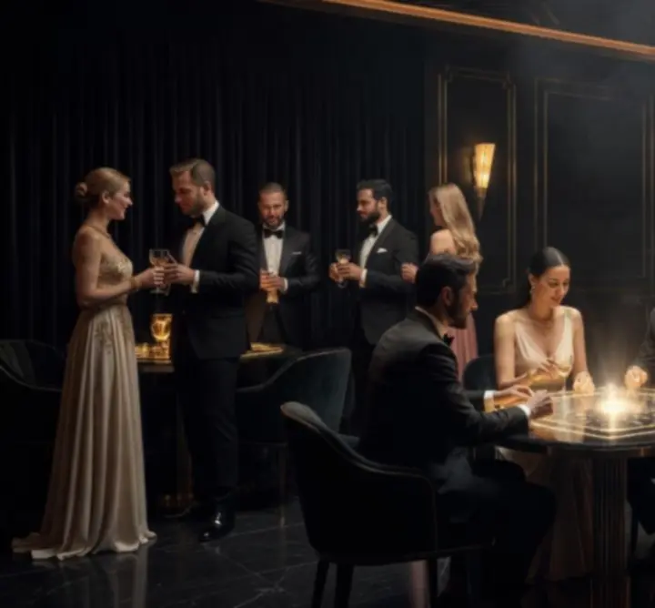 Luxury casino-style event lighting over elegant gaming tables and guests.