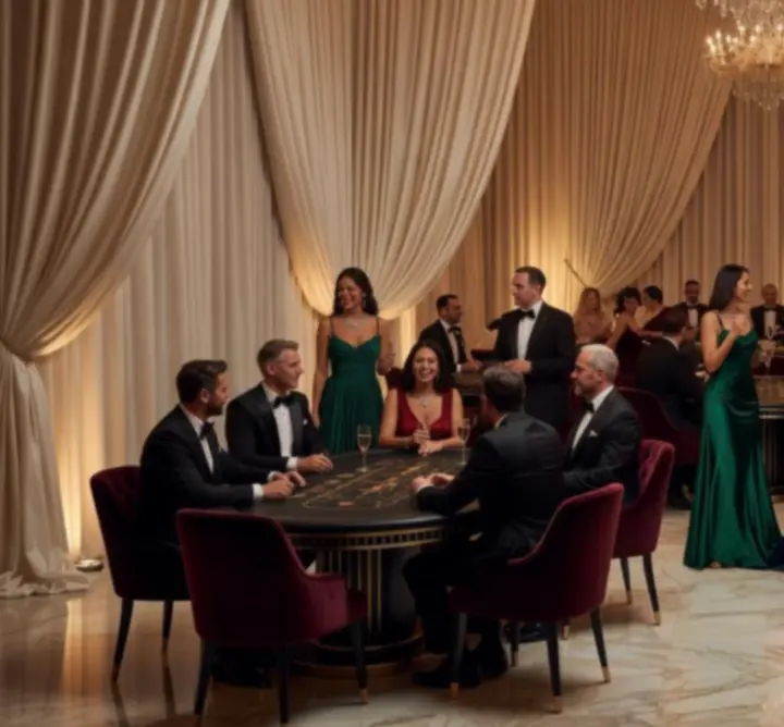 Luxury gallery collage of casino-style gaming tables, venue decor, and guests enjoying a BEATA FIR experience.