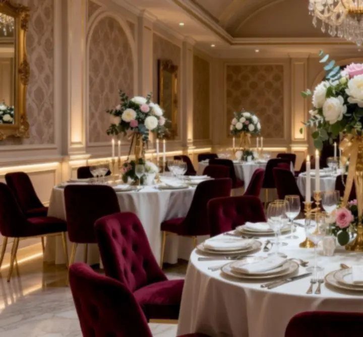 Luxury party venue setup with styled tables and atmospheric lighting