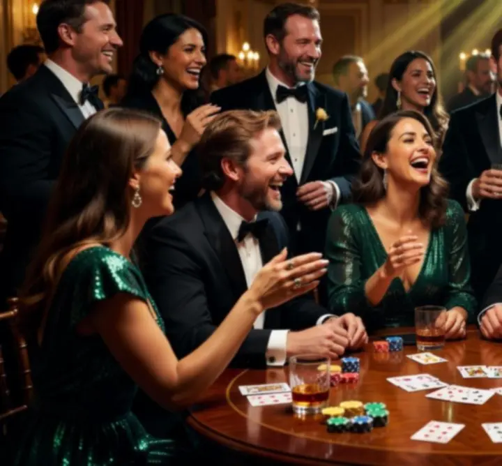 Guests enjoying a luxury casino-style party with rich lighting and décor