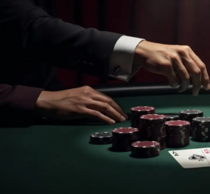 Close-up of a professional poker night with cards, chips, and moody lighting at BEATA FIR.
