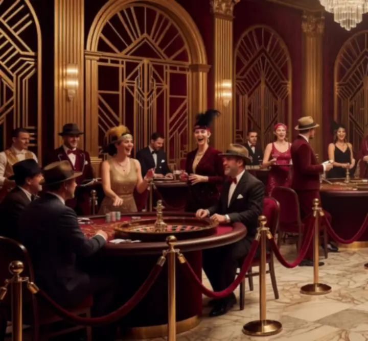 Themed event decor with elegant lighting and casino-style elements