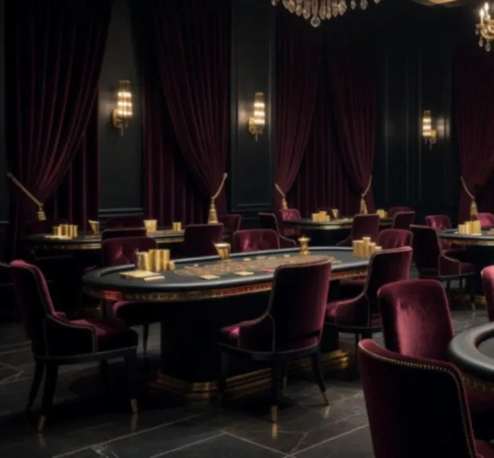 Luxurious themed event setup with casino-style tables, moody lighting and elegant decor.